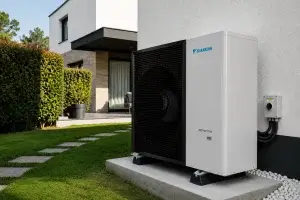 Unidad exterior de aerotermia Daikin Altherma instalada en jardín de vivienda unifamiliar en Madrid