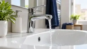 Grifo de un baño doméstico durante una comprobación de llegada del agua caliente