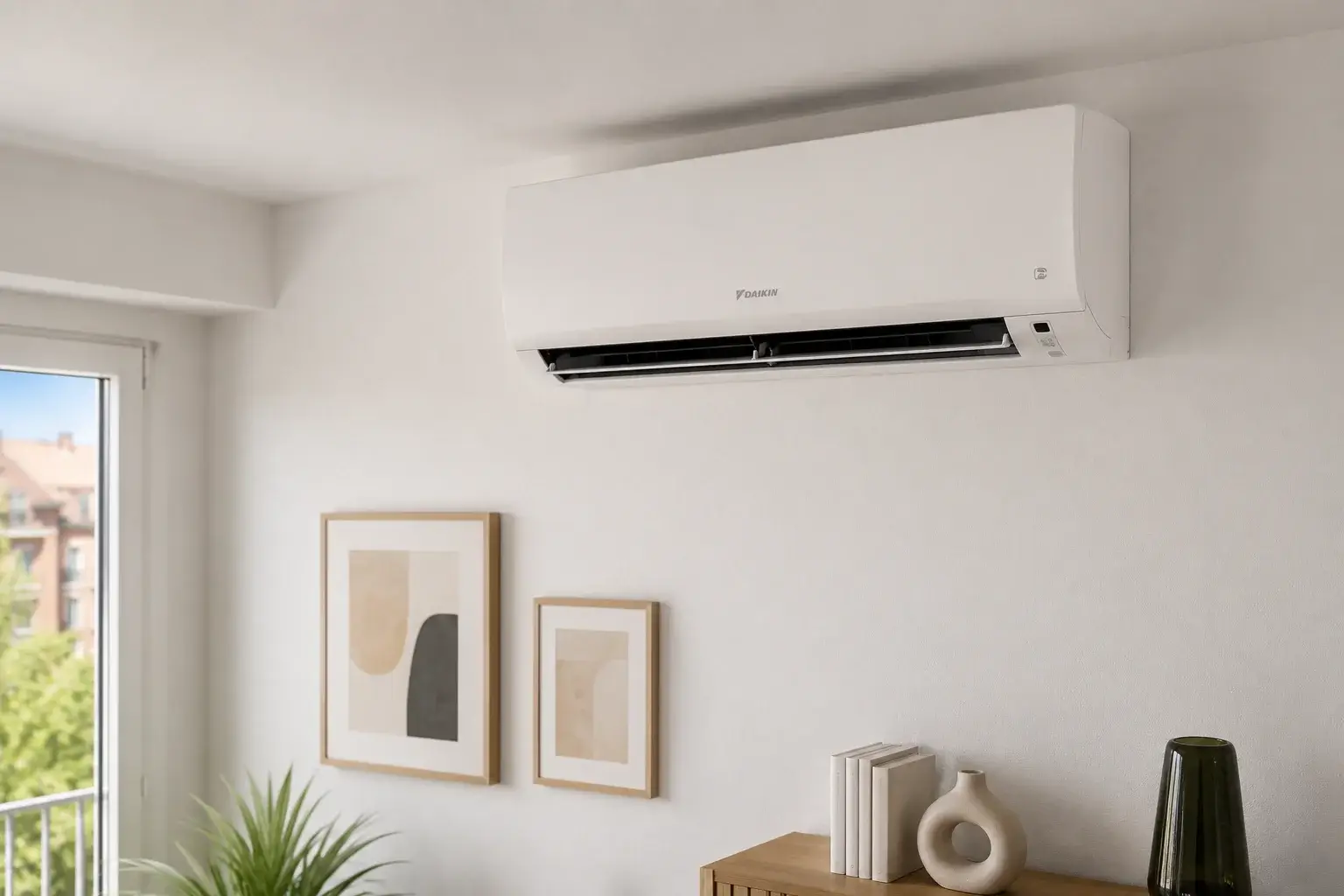 Split Daikin instalado en salón de piso en Madrid con instalación limpia y cableado recogido