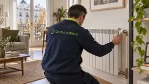Técnico con logotipo verde lima de Climatermia revisando un radiador de calefacción central en Madrid