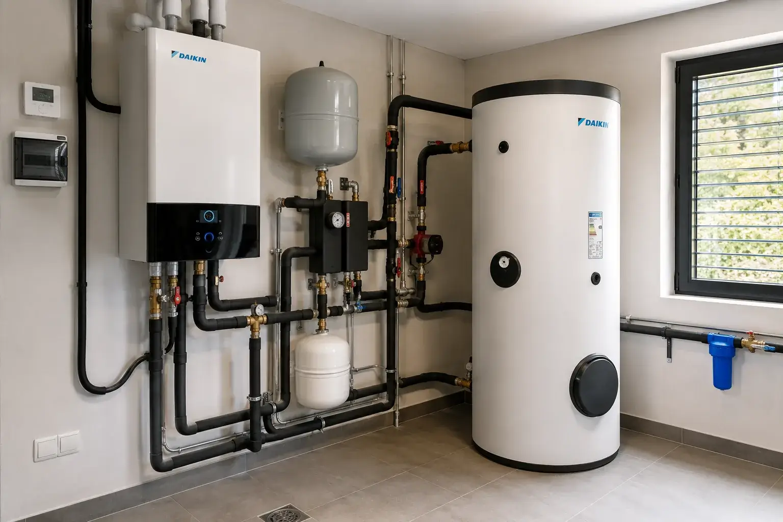 Instalación de aerotermia Daikin con depósito de ACS en sala de máquinas de vivienda unifamiliar