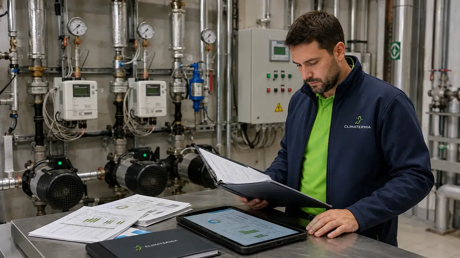Técnico de Climatermia revisando documentación y consumos de una instalación térmica en Madrid