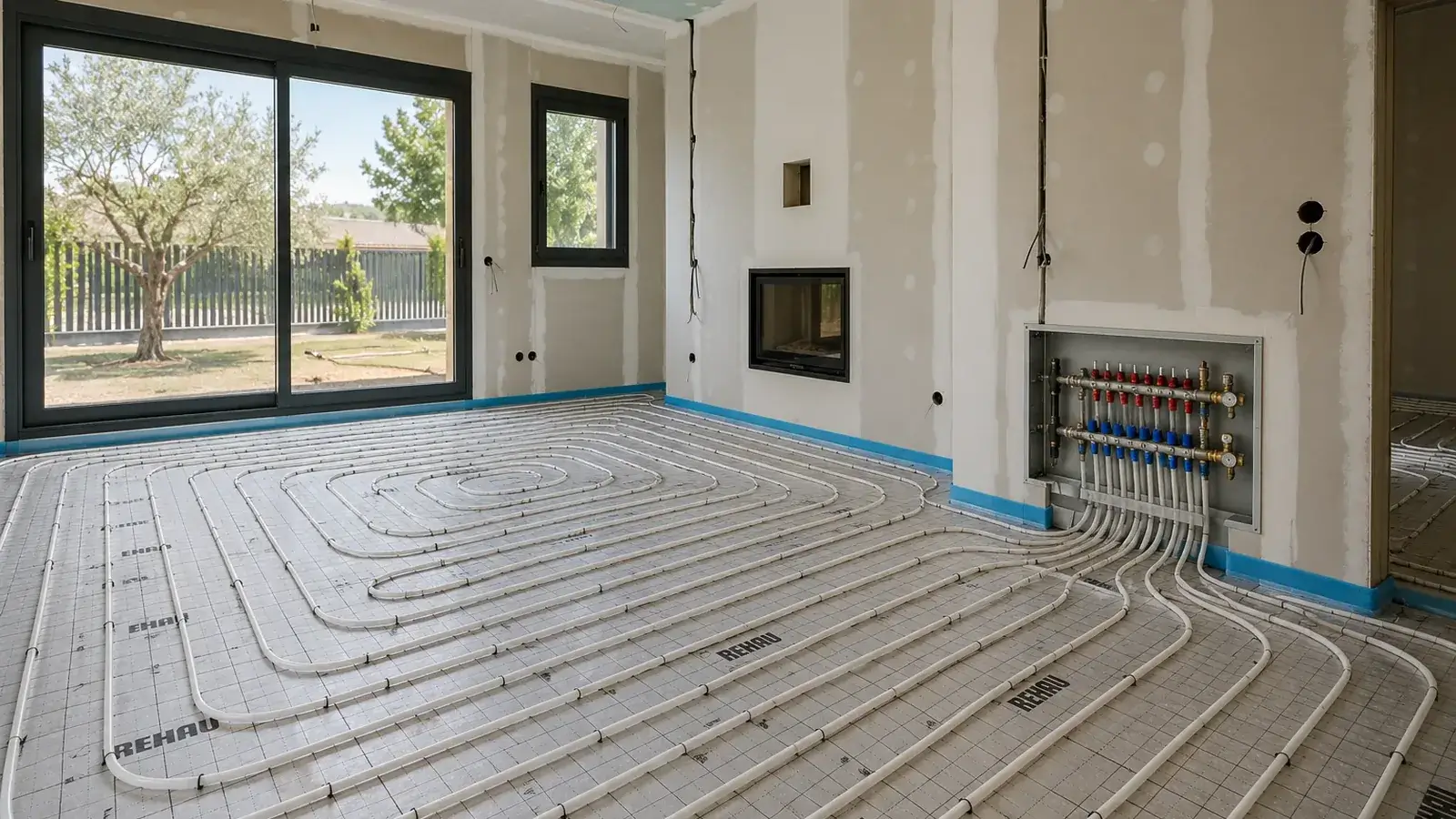 Suelo radiante hidráulico y colector en una vivienda en fase de obra
