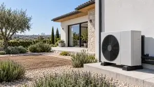 Unidad exterior de aerotermia junto a una vivienda con parcela