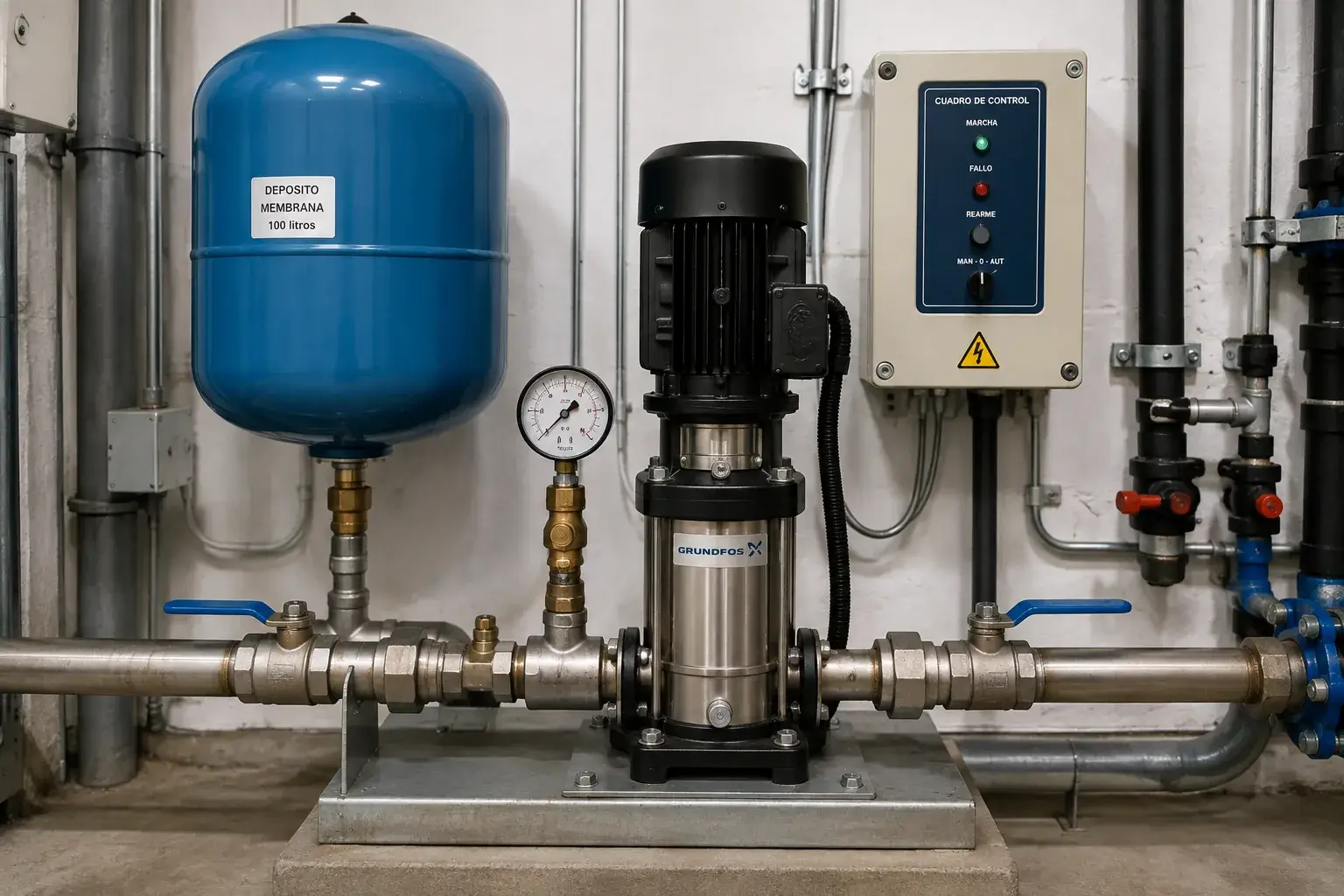 Grupo de presión Grundfos con depósito de membrana y manómetro en sala técnica de Madrid