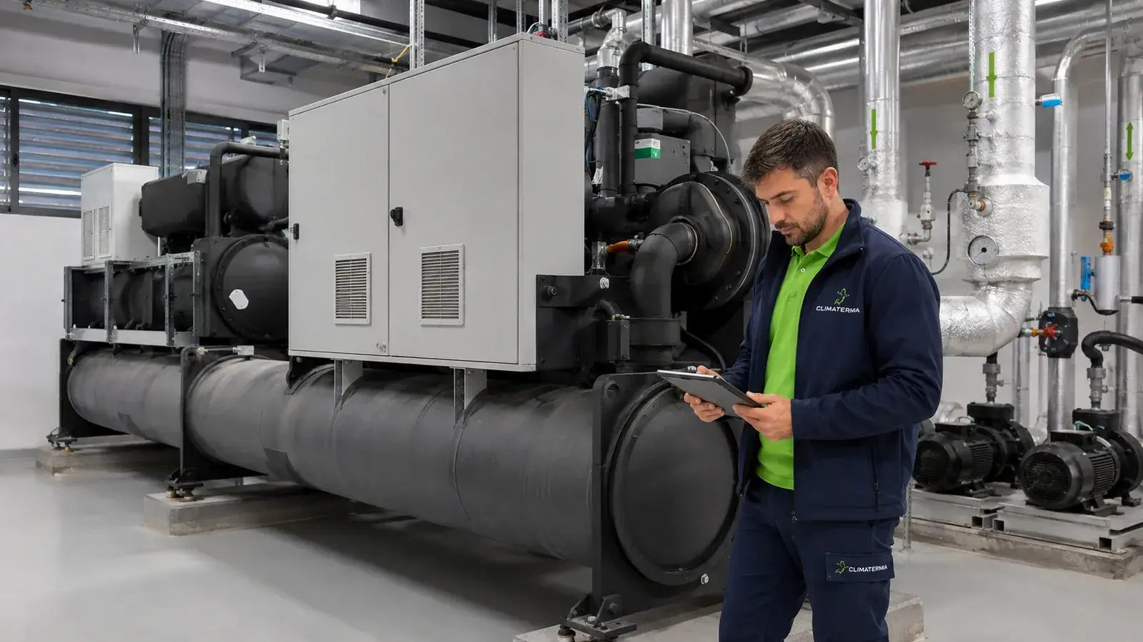 Técnico de Climatermia inspeccionando una enfriadora de más de 70 kW en Madrid