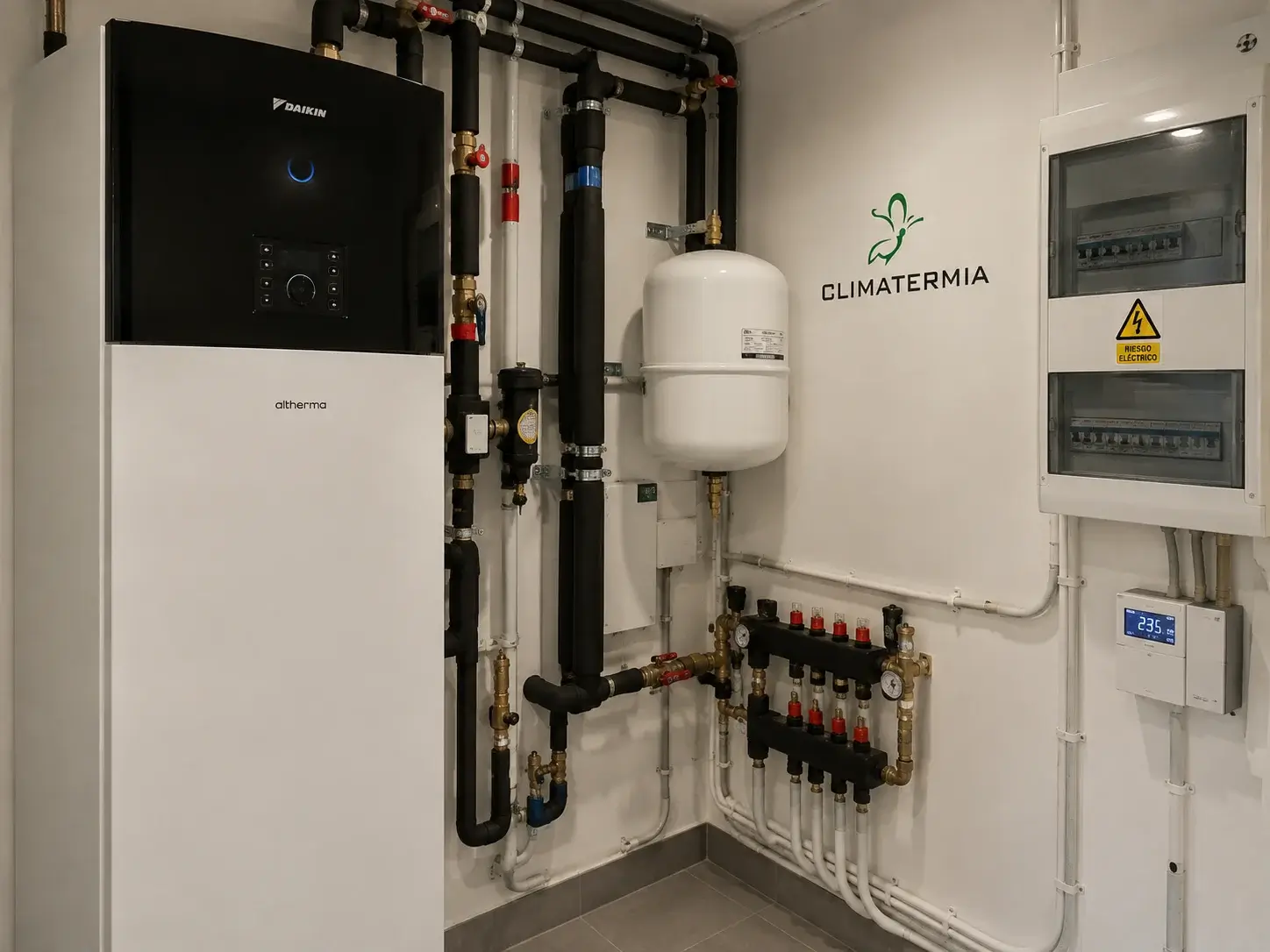 Instalación de aerotermia Daikin Altherma con colector de suelo radiante y vaso de expansión en sala técnica de vivienda en Madrid por Climatermia