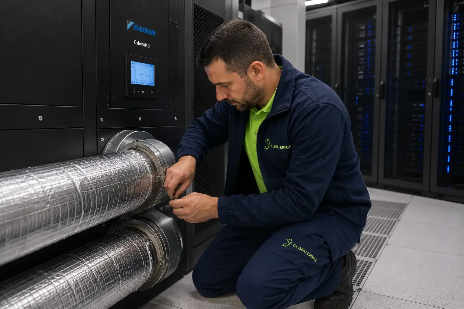 Técnico de Climatermia conectando conductos a unidad Daikin CyberAir 3 en sala de servidores CPD