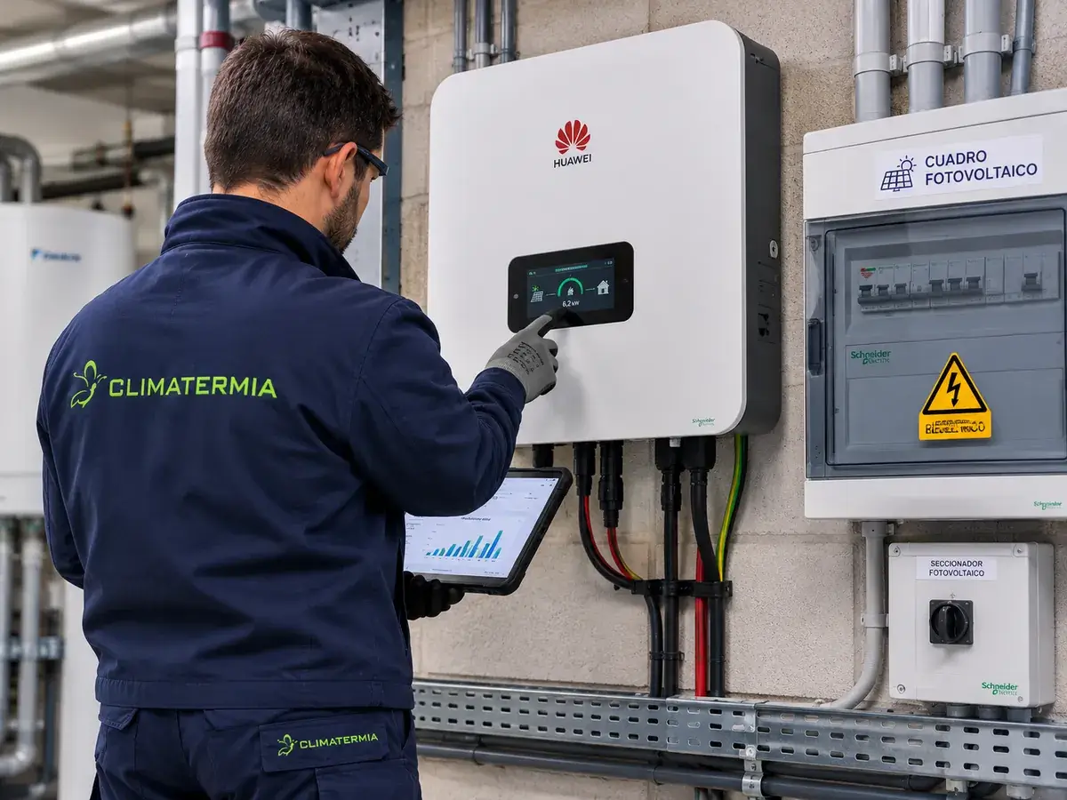 Técnico de Climatermia revisando inversor solar fotovoltaico Huawei en comunidad de propietarios Madrid