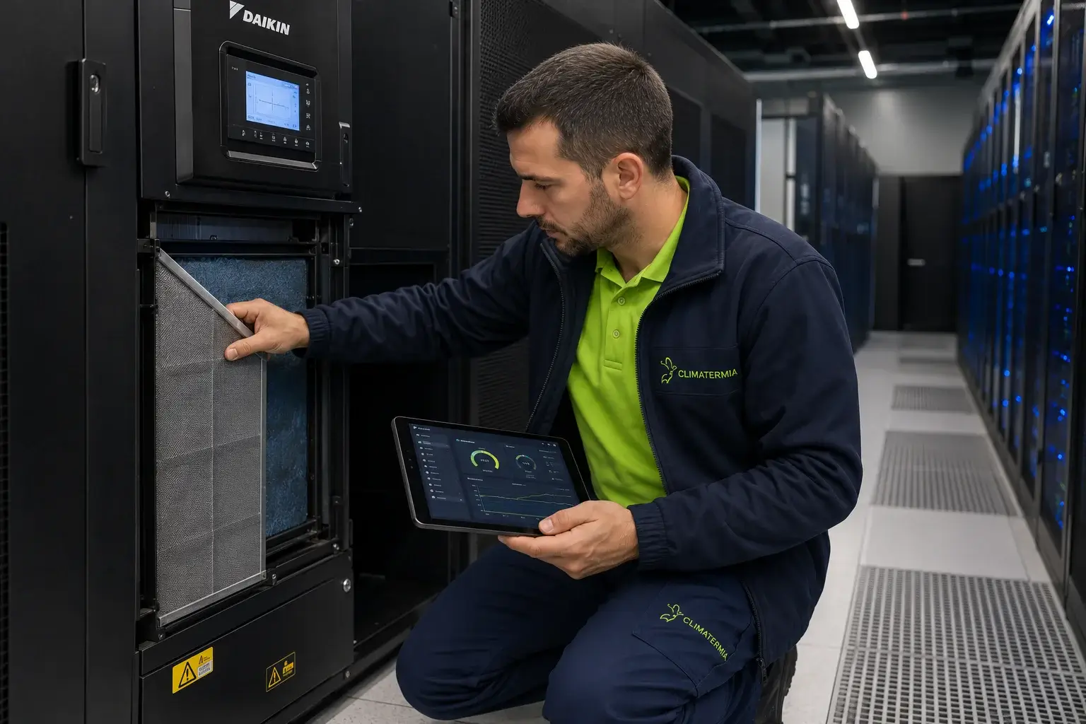 Técnico de Climatermia realizando mantenimiento preventivo de climatización en CPD con tablet BMS