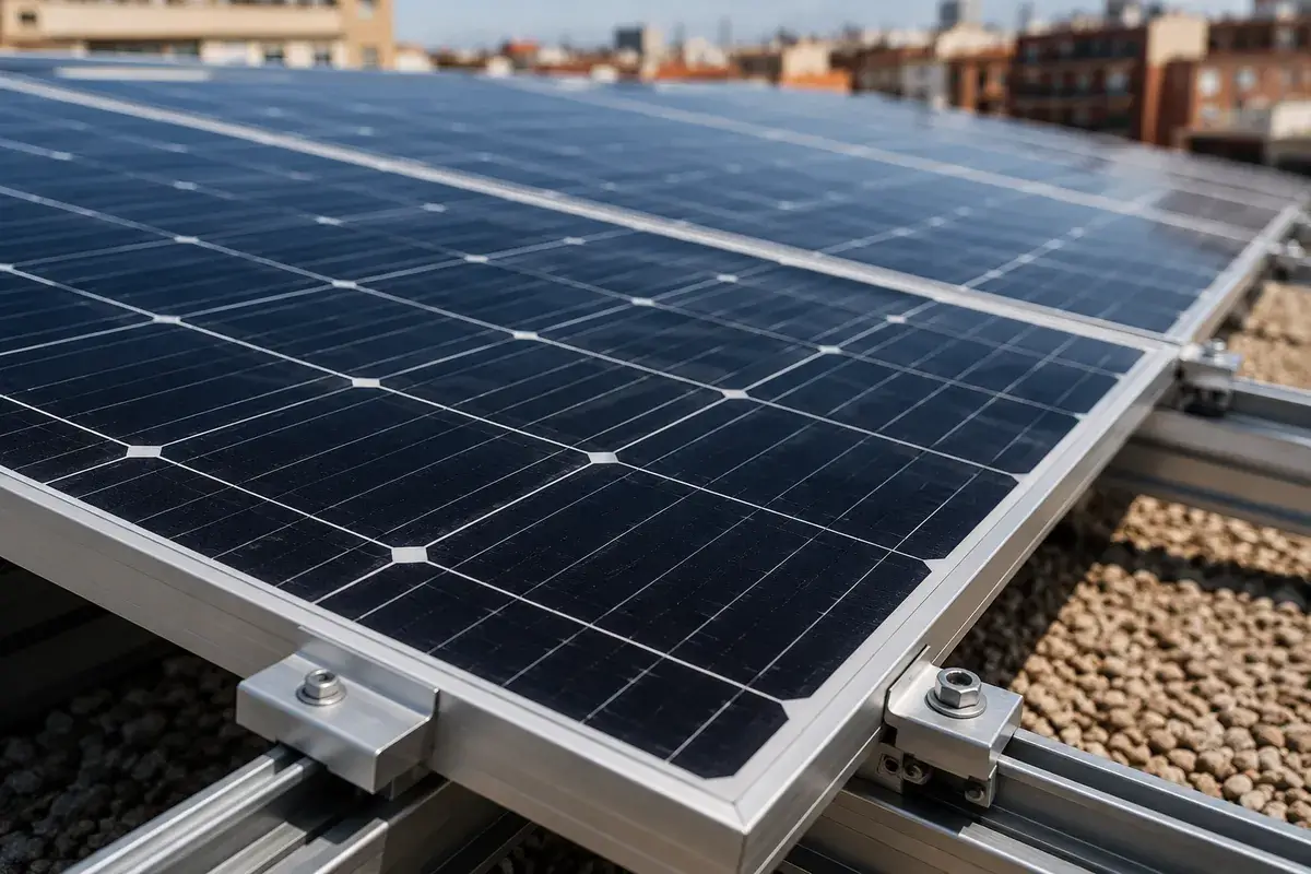 Detalle de módulos fotovoltaicos instalados en cubierta de edificio de comunidad de propietarios Madrid