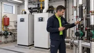 Técnico de Climatermia realizando la puesta a punto de una sala de calderas comunitaria en Madrid