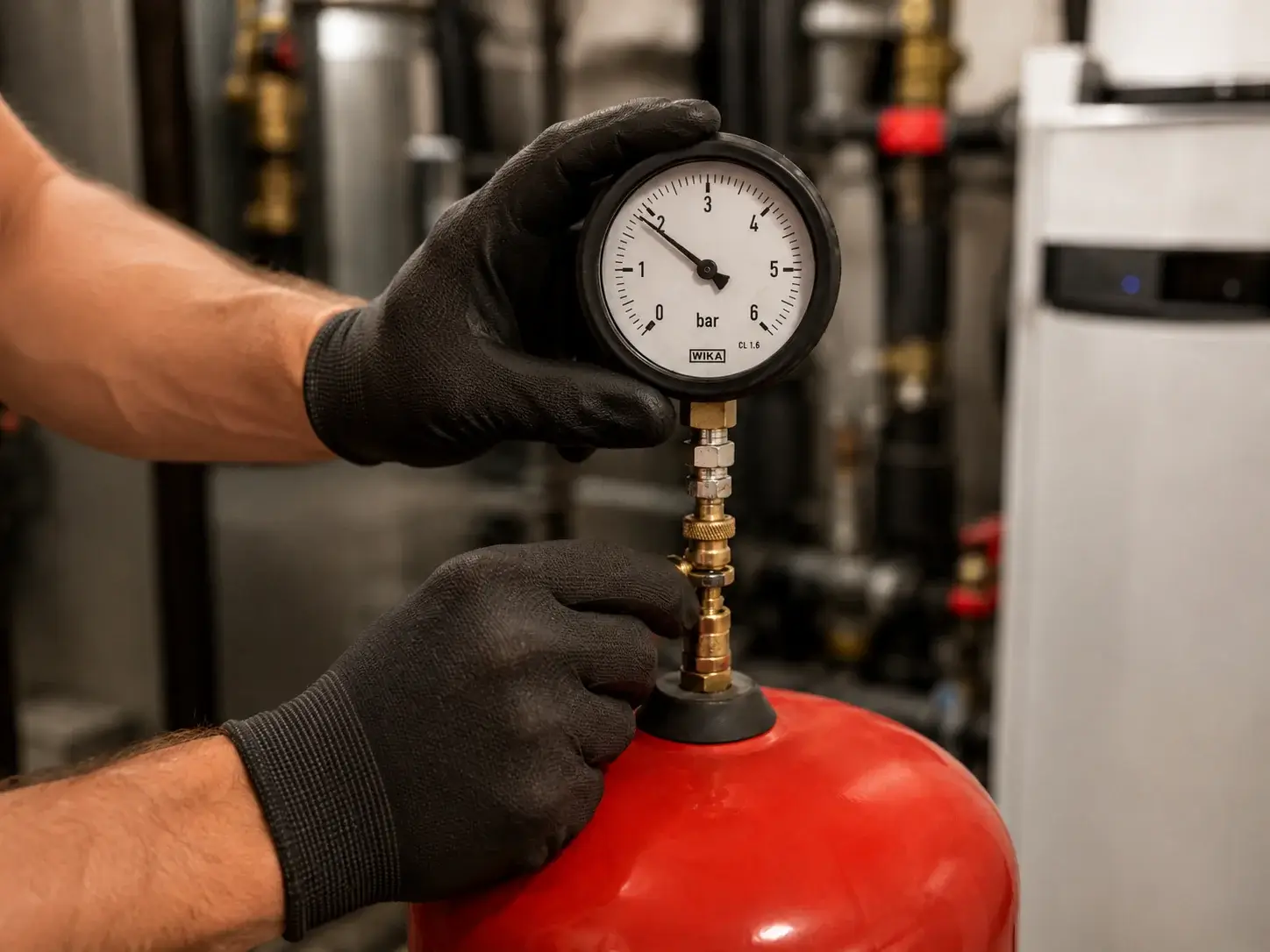 Técnico revisando la precarga del vaso de expansión con manómetro durante un mantenimiento en Madrid