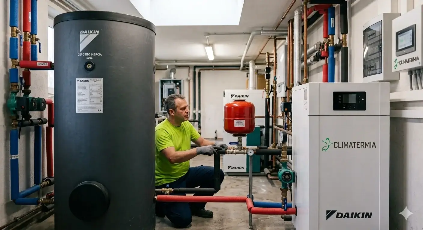 Sala técnica de aerotermia con bomba de calor Daikin y vaso de expansión instalado por Climatermia