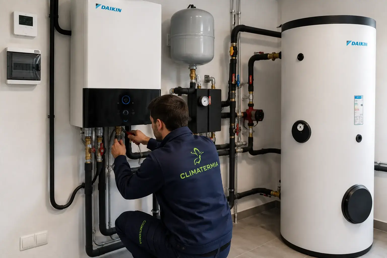 Técnico de Climatermia realizando la instalación de aerotermia Daikin en vivienda unifamiliar de Madrid