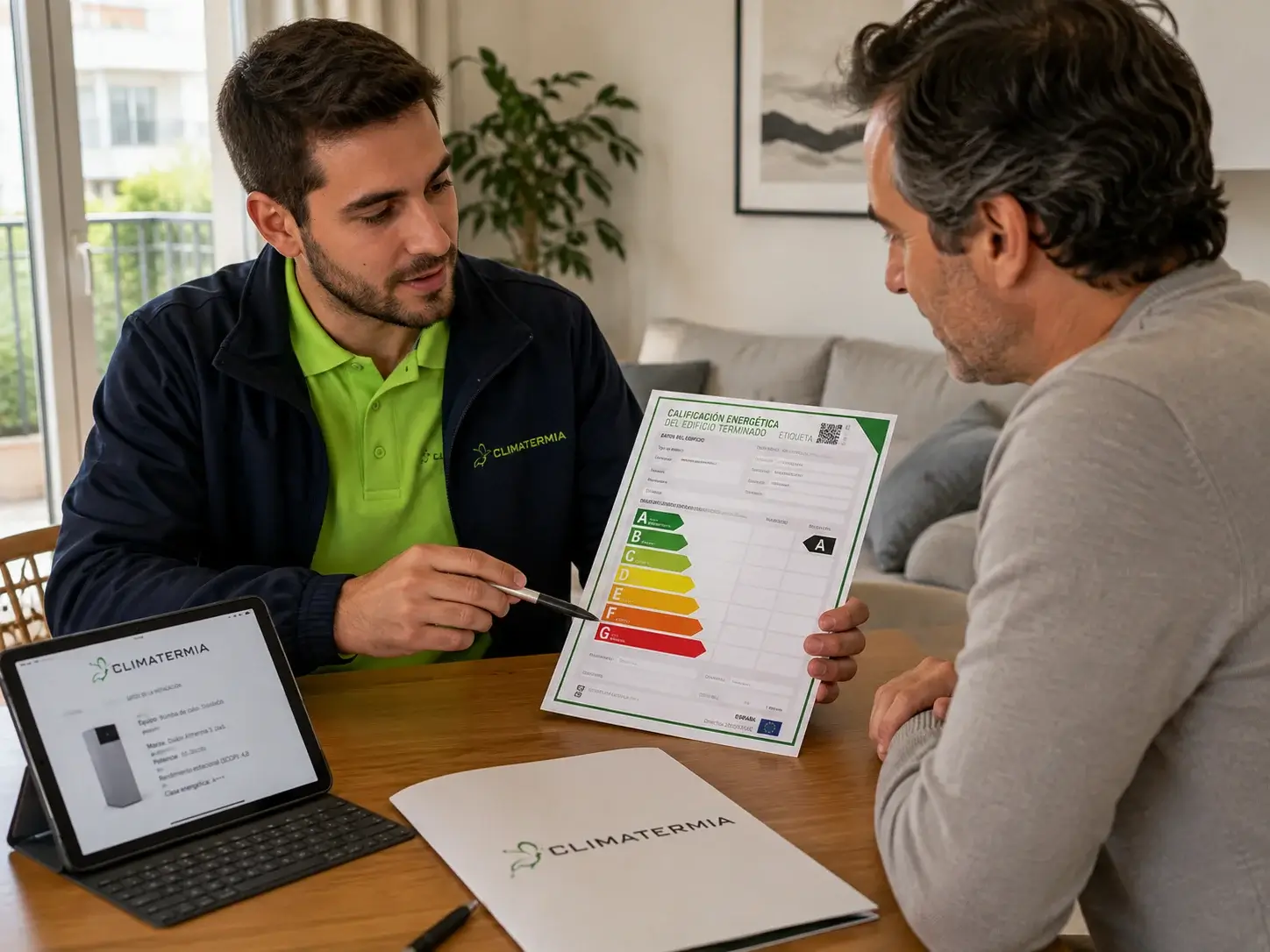 Técnico de Climatermia explicando el certificado de calificación energética clase A a propietario tras instalar aerotermia en Madrid