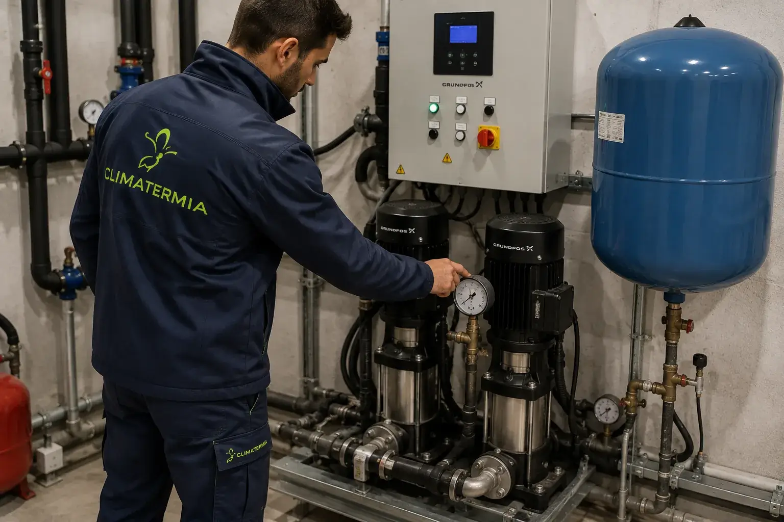 Técnico Climatermia comprobando manómetro de grupo de presión Grundfos en Madrid