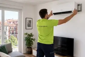 Técnico de Climatermia instalando split de aire acondicionado en un piso de Madrid