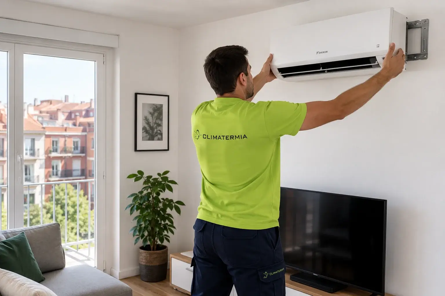 Técnico de Climatermia instalando split de aire acondicionado en un piso de Madrid