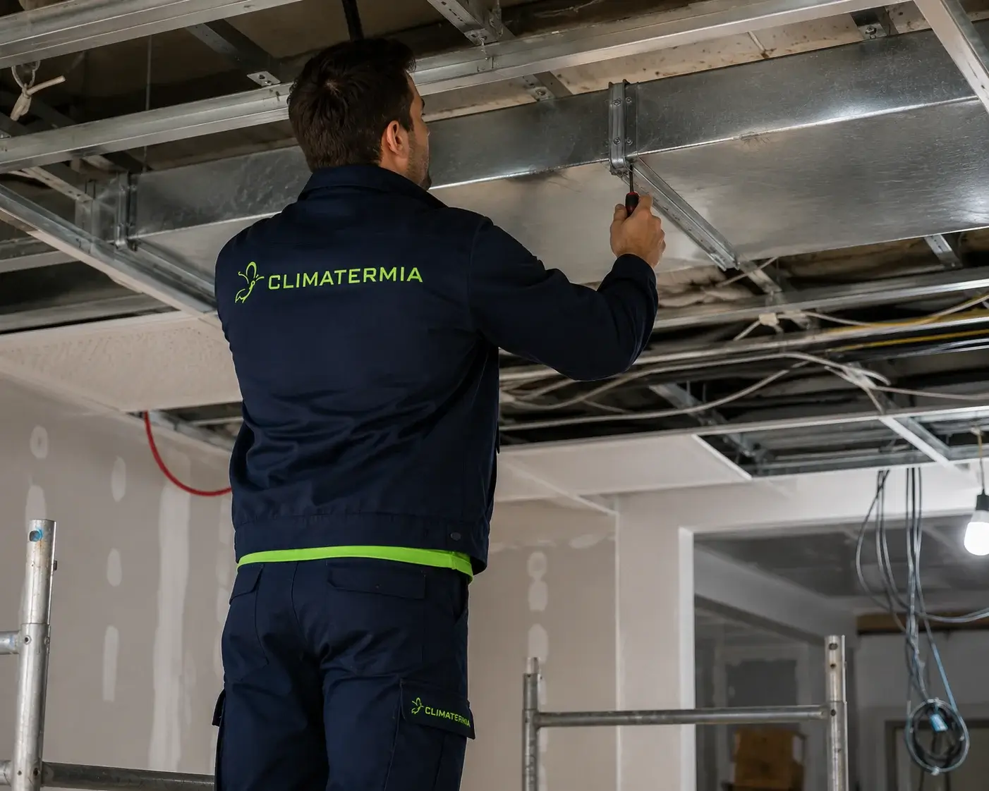 Técnico de Climatermia instalando conductos de climatización en falso techo en Madrid