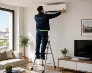Técnico de Climatermia instalando split de aire acondicionado en salón de Madrid