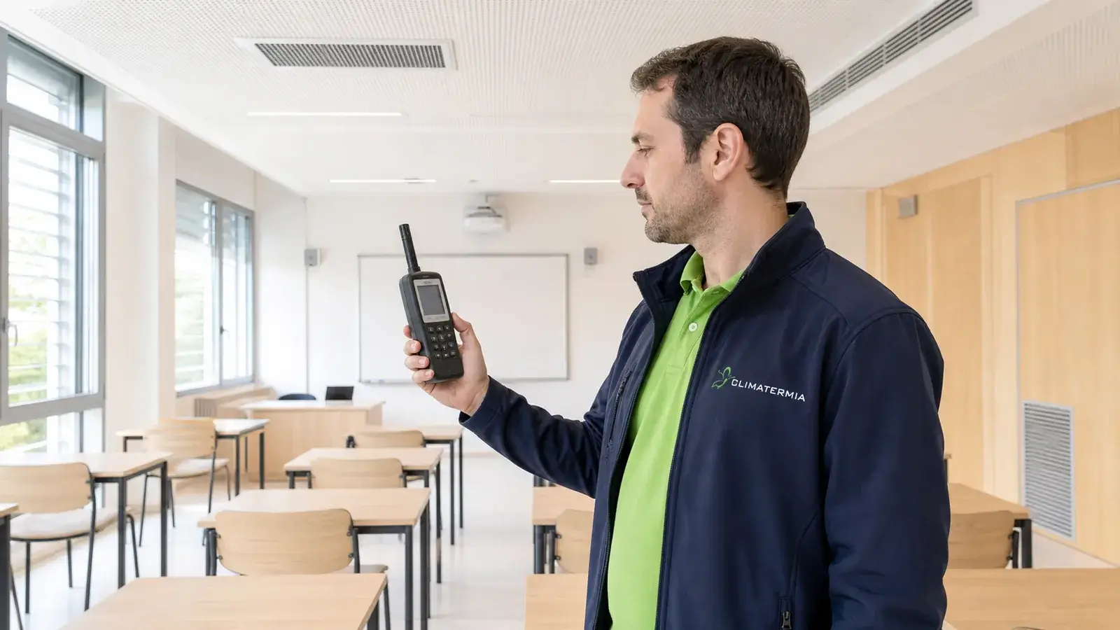 Técnico de Climatermia midiendo CO2, temperatura y humedad en un aula de colegio