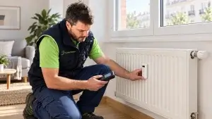 Técnico de Climatermia comprobando un repartidor de costes de calefacción en un radiador de Madrid