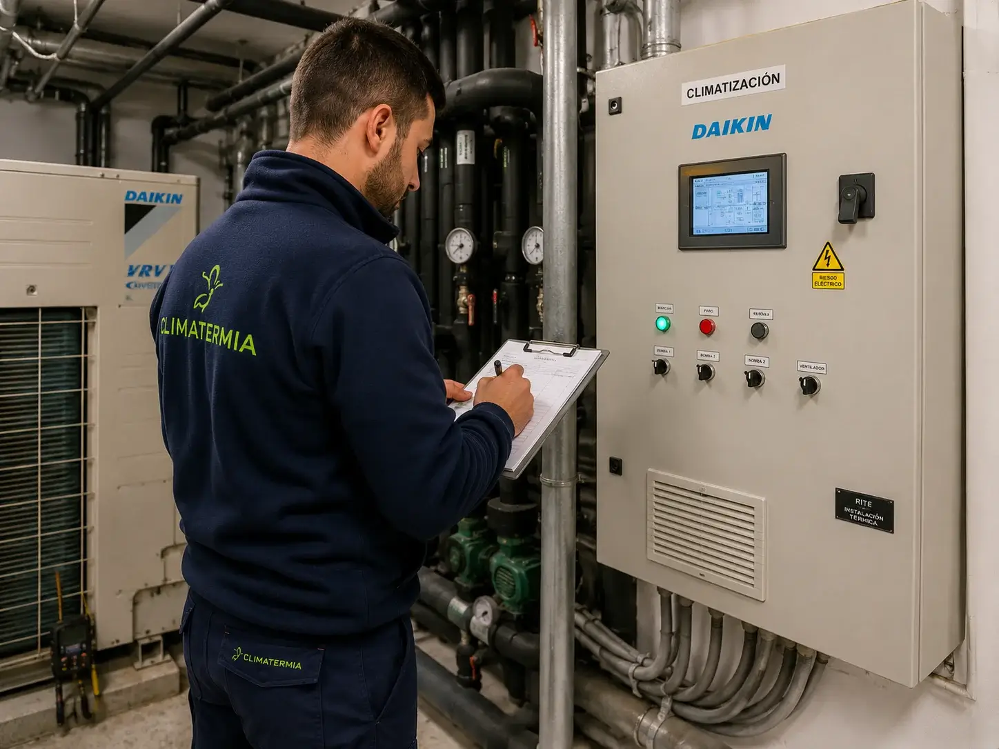 Técnico de Climatermia revisando cuadro de control de climatización en sala de máquinas de comunidad de propietarios en Madrid