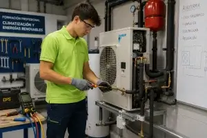 Técnico instalador de aerotermia de Climatermia revisando bomba de calor Daikin Altherma 3R en azotea de Madrid