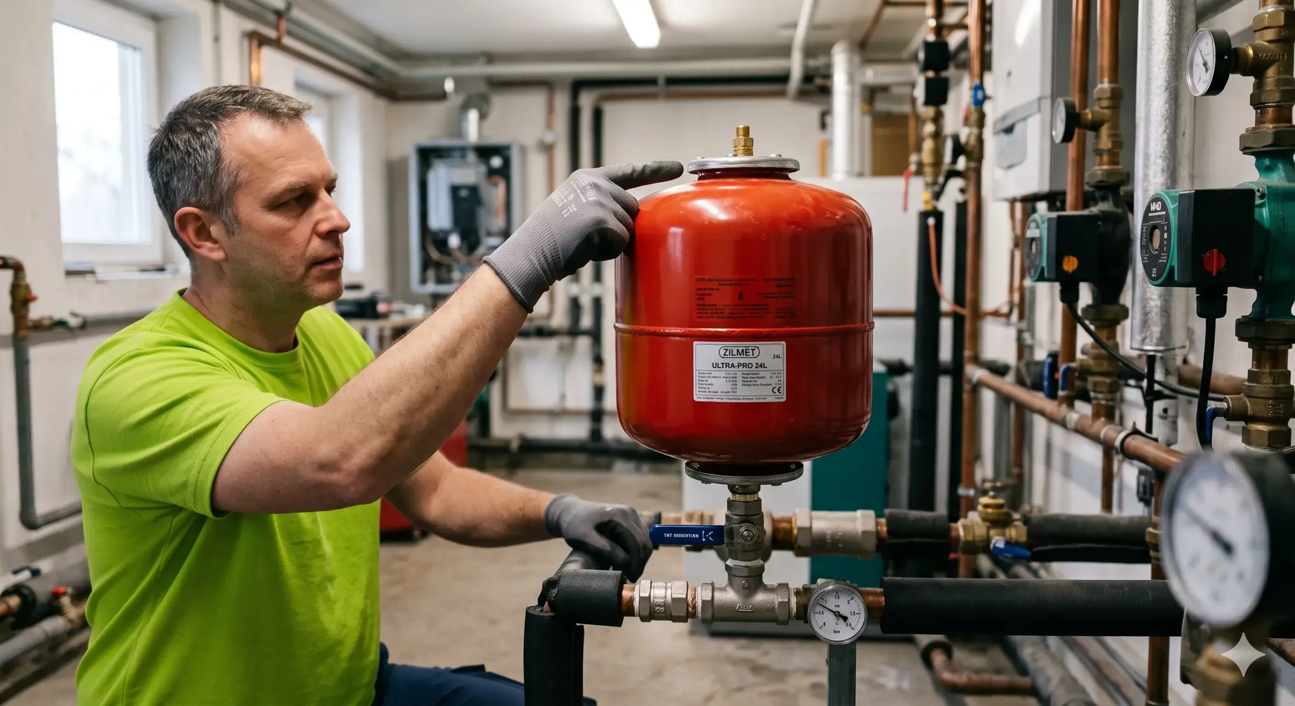 Técnico de Climatermia inspeccionando un vaso de expansión en una instalación de aerotermia en Madrid